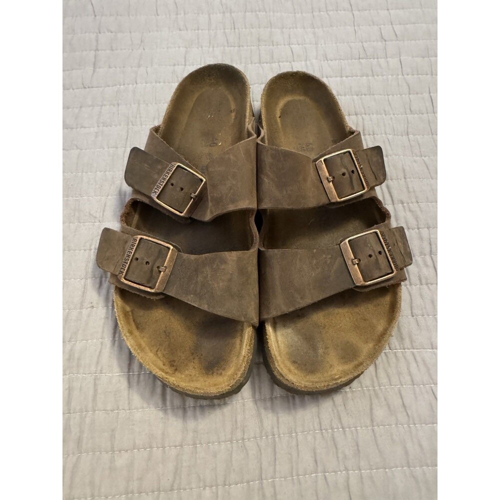 Birkenstock Women's Brown Leather Double Strap Buckle Slide Sandals US 9.5